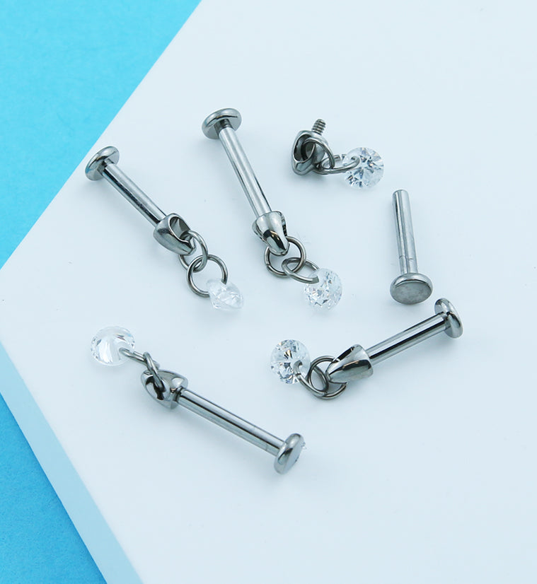 Dangle Clear CZ Charm Internally Threaded Titanium Labret