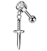 Dangling Dagger Clear CZ Threadless Titanium Cartilage Barbell