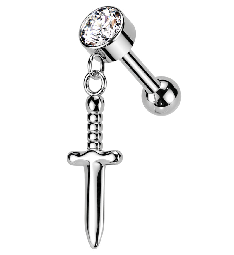 Dangling Dagger Clear CZ Threadless Titanium Cartilage Barbell