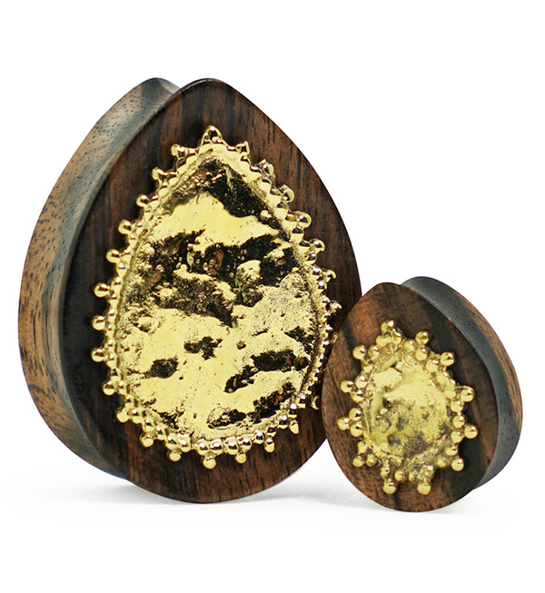 Doily Brass Inlay Areng Wood Teardrop Plugs