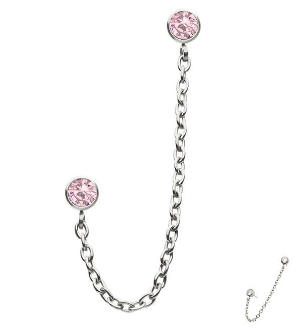 Double Bezel Pink CZ Titanium Threadless Connector Rolo Chain Tops