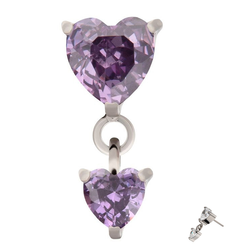 Double Heart Amethyst CZ Dangle Titanium Threadless Top