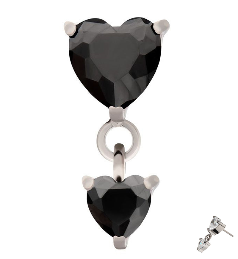 Double Heart Black CZ Dangle Titanium Threadless Top