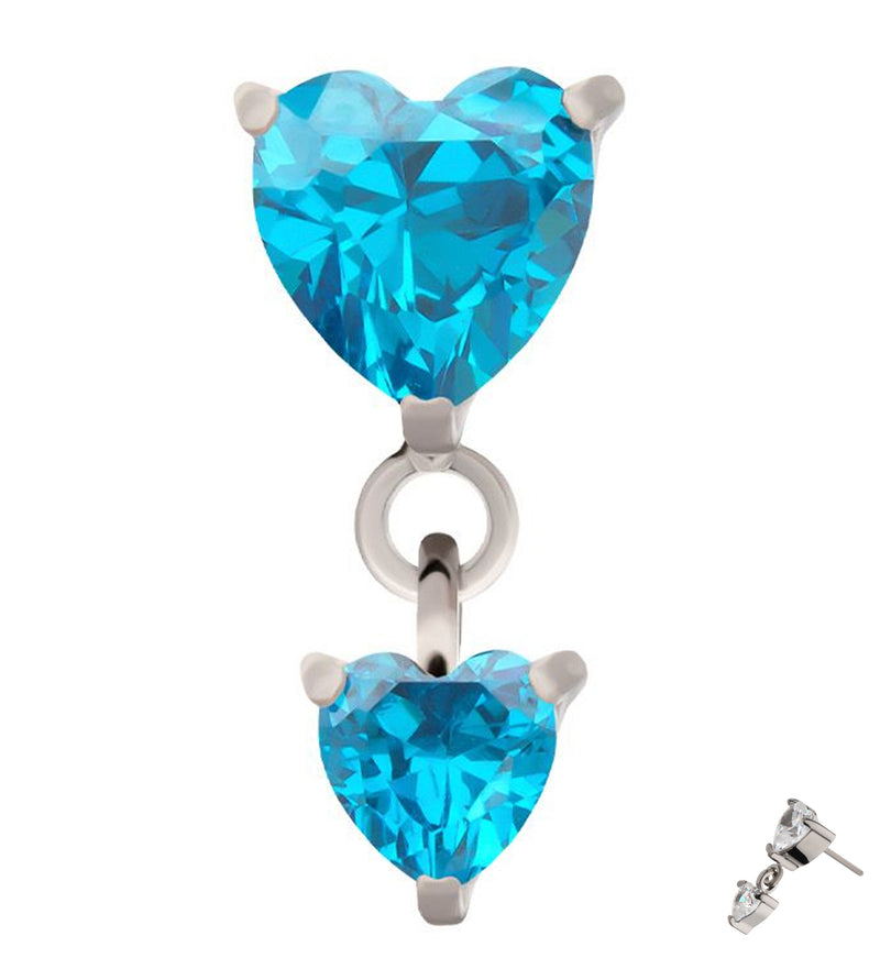 Double Heart Blue Topaz CZ Dangle Titanium Threadless Top