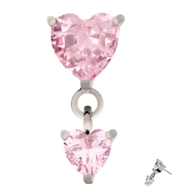 Double Heart Pink CZ Dangle Titanium Threadless Top