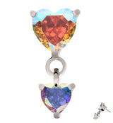 Double Heart Rainbow Aurora CZ Dangle Titanium Threadless Top