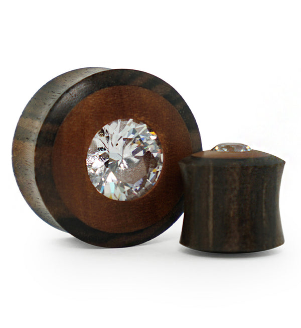 Sono - Saba Wood Plugs With Clear CZ Gem Inlay