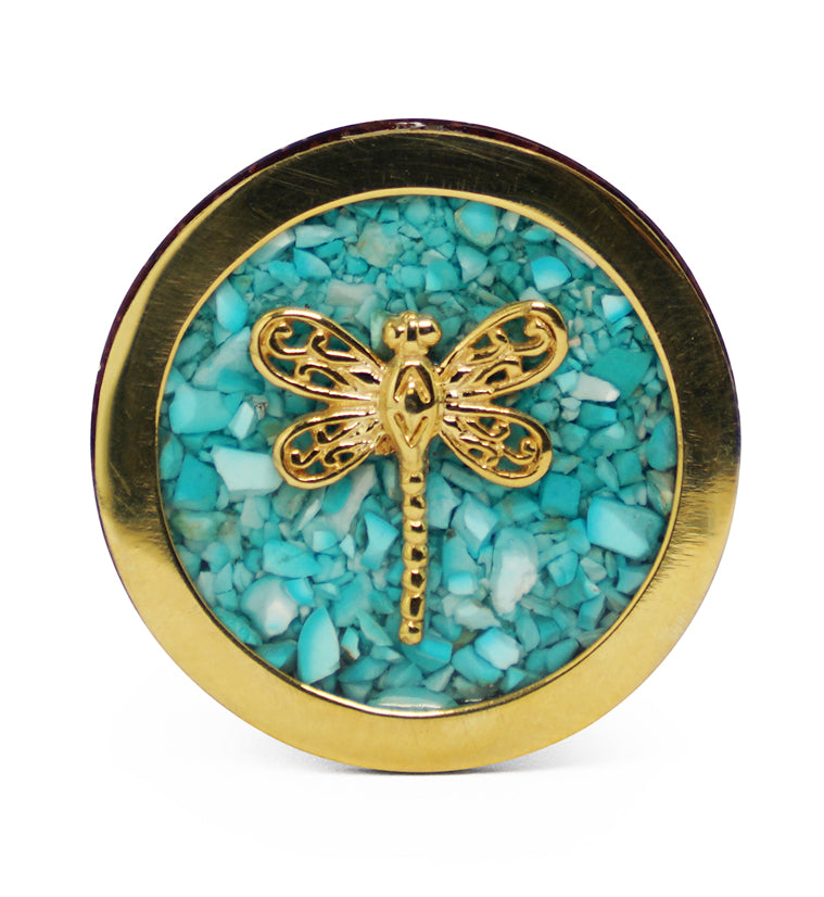 Brass Dragonfly Wood Plugs With Teal Stone Inlay