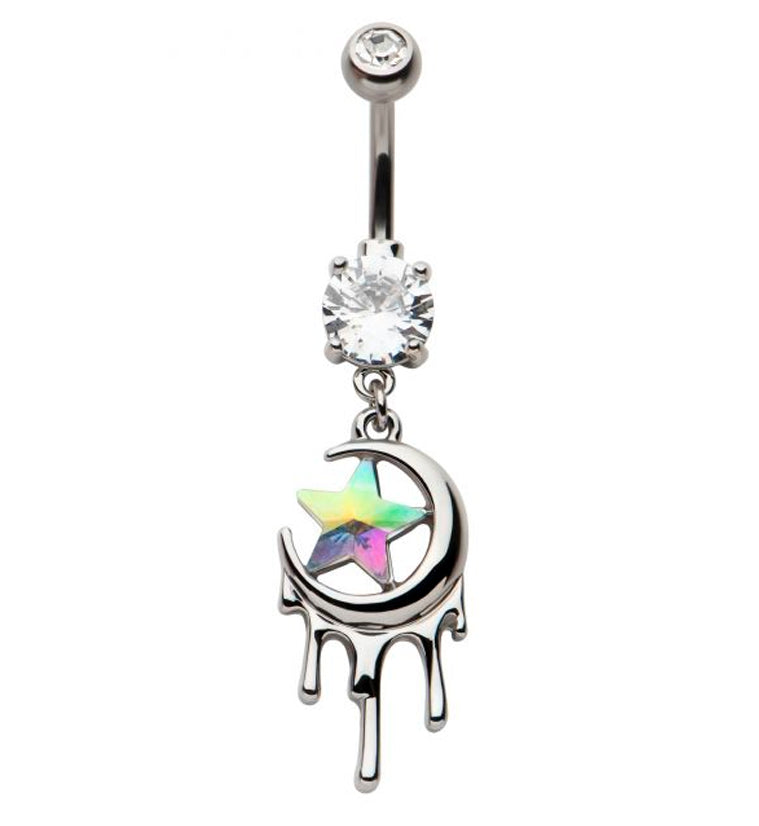 Dripping Half Moon Rainbow Aurora Star CZ Stainless Steel Belly Button Ring