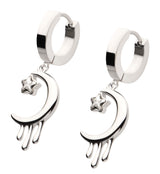 Dripping Half Moon Star Clear CZ Stainless Steel Hoop Huggie Earrings