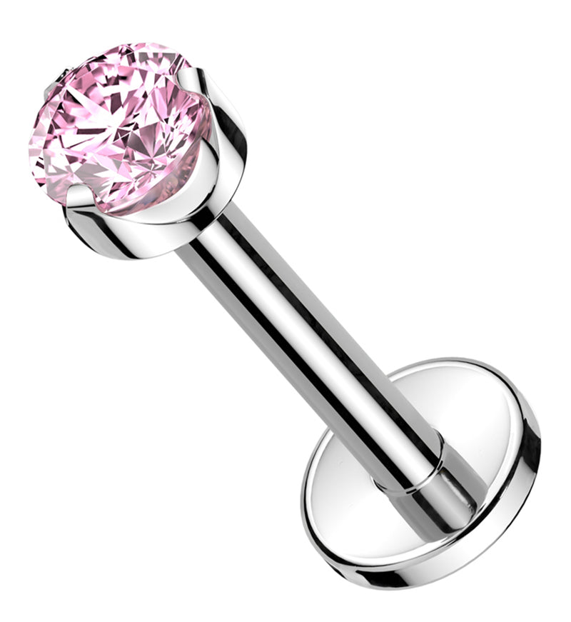 Flat Back Prong Pink CZ Internally Threaded Titanium Labret