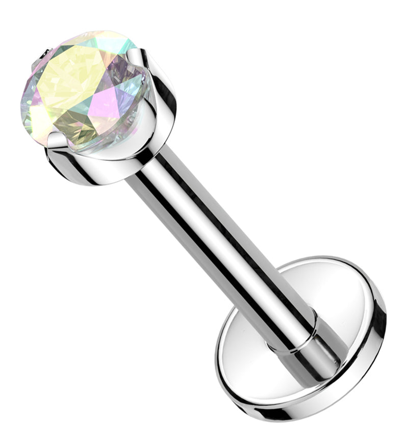 Flat Back Prong Rainbow Aurora CZ Internally Threaded Titanium Labret