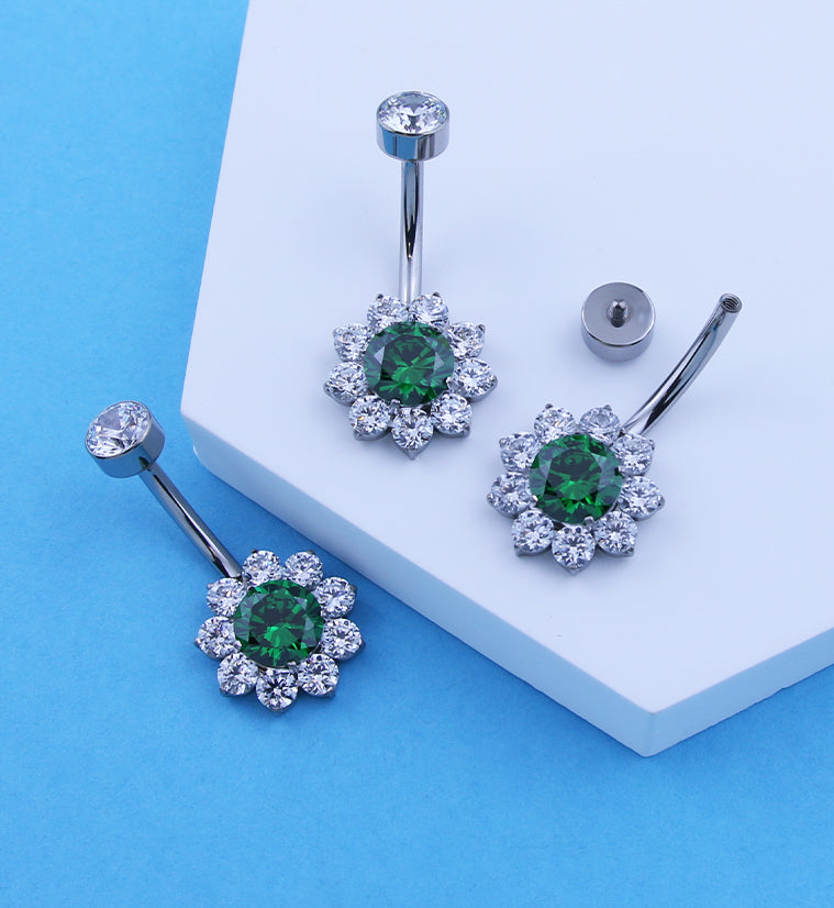 Flora Green CZ Internally Threaded Titanium Belly Button Ring