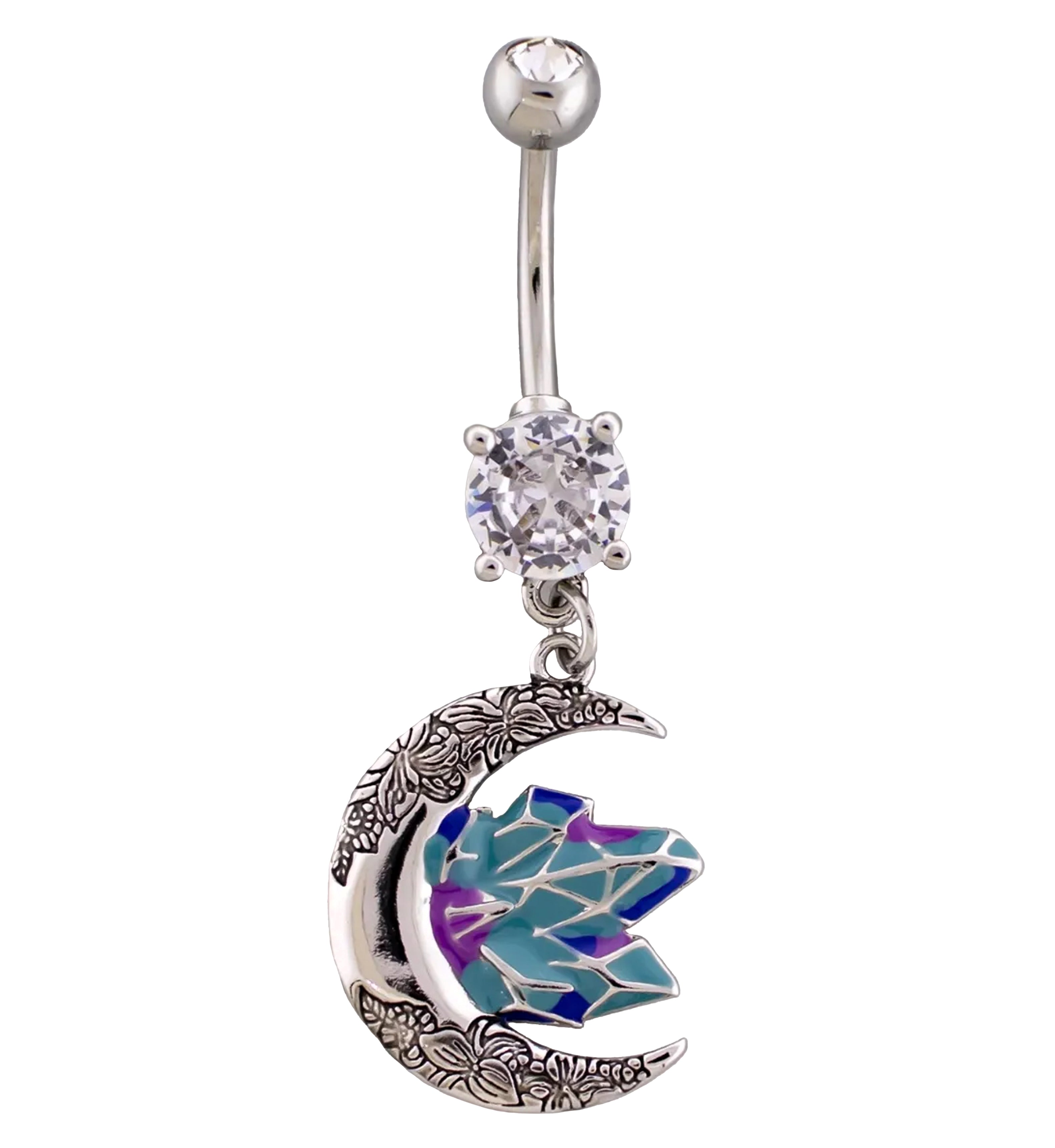 Floral Moon And Crystals Clear Cz Dangle Stainless Steel Belly Button 1882