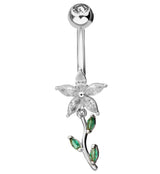 Flower Clear And Emerald CZ Dangle Stainless Steel Belly Button Ring