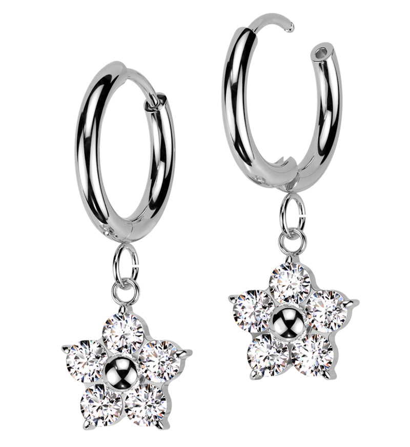 Flower Dangle Clear CZ Stainless Steel Hoop Earrings