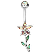 Flower Rainbow Aurora And Emerald CZ Dangle Stainless Steel Belly Button Ring