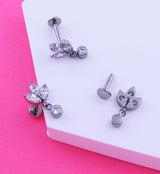 Frond Dangle Clear CZ Internally Threaded Titanium Labret