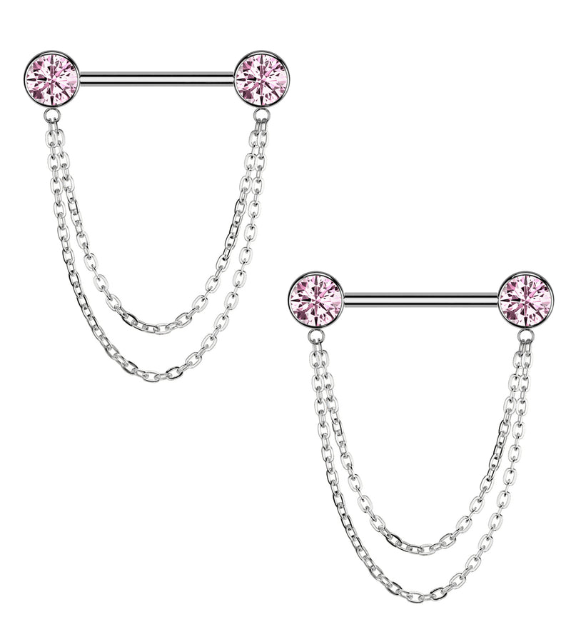 Front Facing Pink CZ Double Dangle Threadless Titanium Nipple Barbell