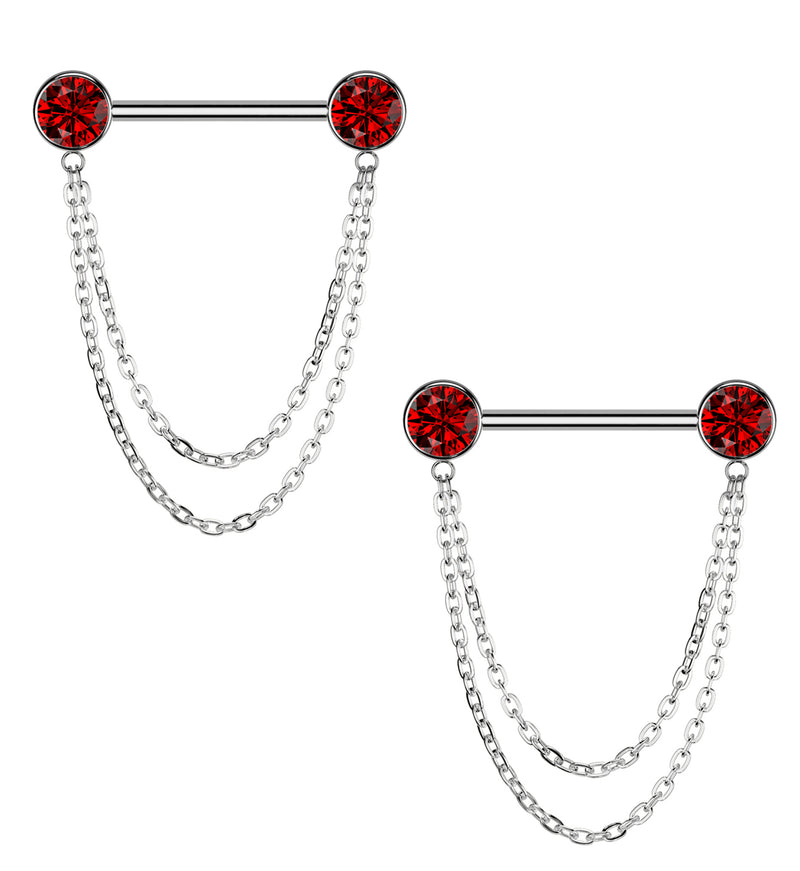 Front Facing Red CZ Double Dangle Threadless Titanium Nipple Barbell