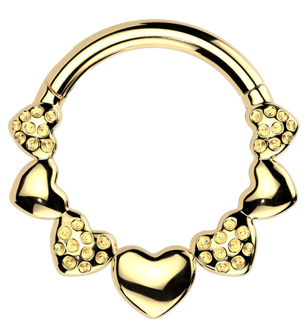 Gold PVD Alternating Hammer Heart Stainless Steel Hinged Segment Ring