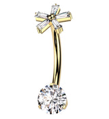 Gold PVD Baguette Flower Clear CZ Titanium Internally Threaded Belly Button Ring