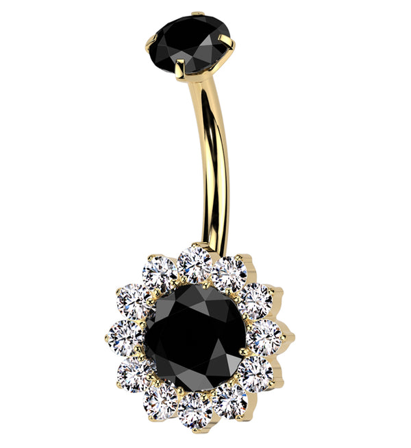 Gold PVD Black CZ Bold Flower Titanium Internally Threaded Belly Button Ring