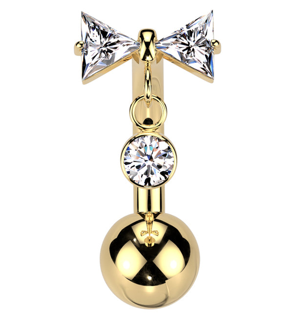 Gold PVD Bow Dangle Clear CZ Titanium Threadless Belly Button Ring