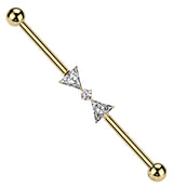 Gold PVD Bow Tie Clear CZ Internally Threaded Titanium Industrial Barbell