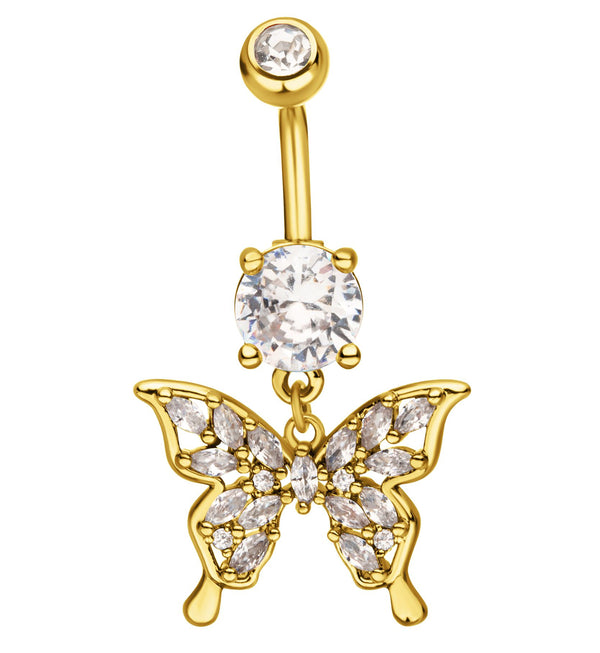 Gold PVD Butterfly Marquise CZ Filled Dangle Stainless Steel Belly Button Ring