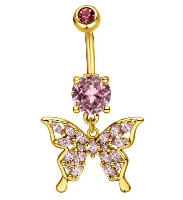 Gold PVD Butterfly Marquise Pink CZ Filled Dangle Stainless Steel Belly Button Ring