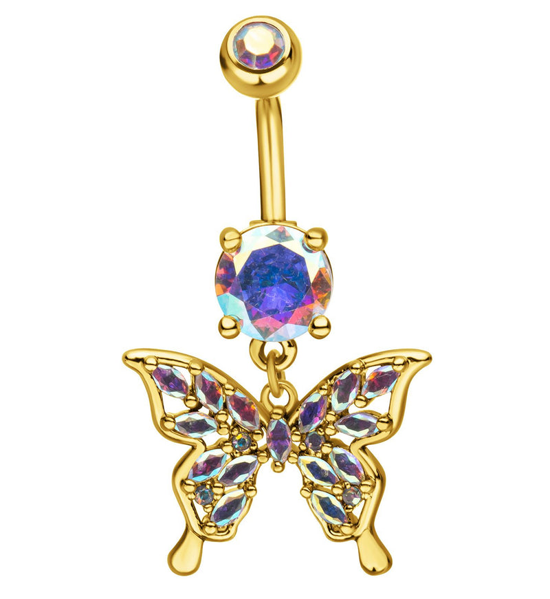 Gold PVD Butterfly Marquise Rainbow Aurora CZ Filled Dangle Stainless Steel Belly Button Ring