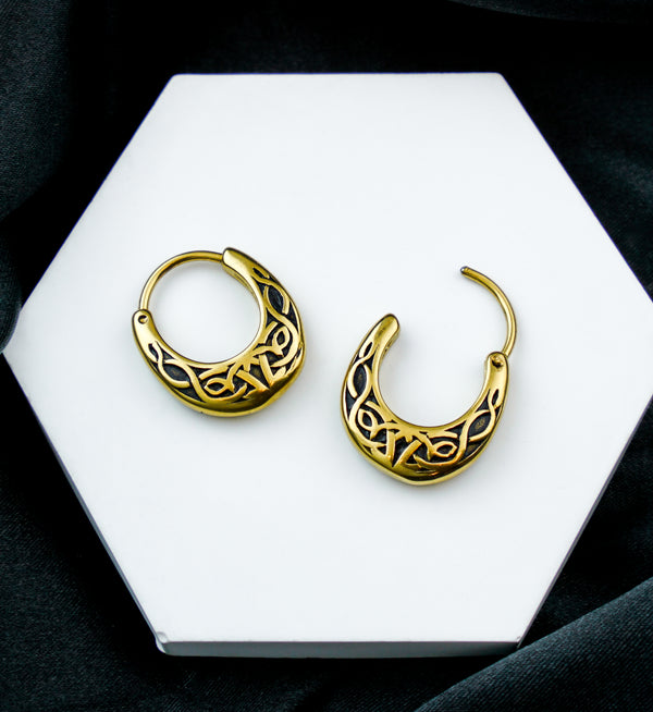 Gold PVD Celtic Knot Hoop Stainless Steel Hinged Earrings