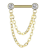 Gold PVD Clear CZ Double Chain Titanium Threadless Straight Barbell