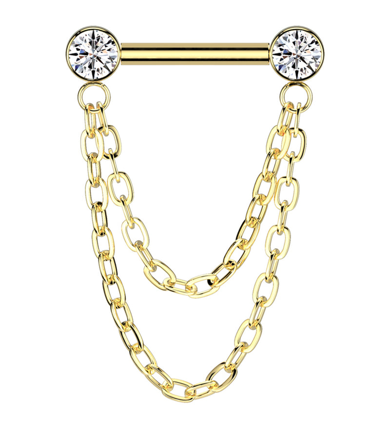 Gold PVD Clear CZ Double Chain Titanium Threadless Straight Barbell