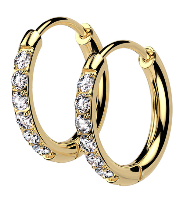 Gold PVD Clear CZ Hoop Stainless Steel Hinged Earrings