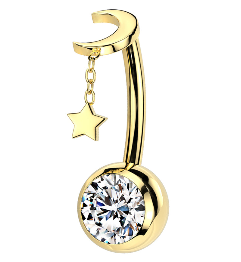 Gold PVD Crescent Dangle Star Clear CZ Titanium Threadless Belly Button Ring