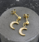 Gold PVD Crescent Moon CZ Dangle Stainless Steel Stud Earrings