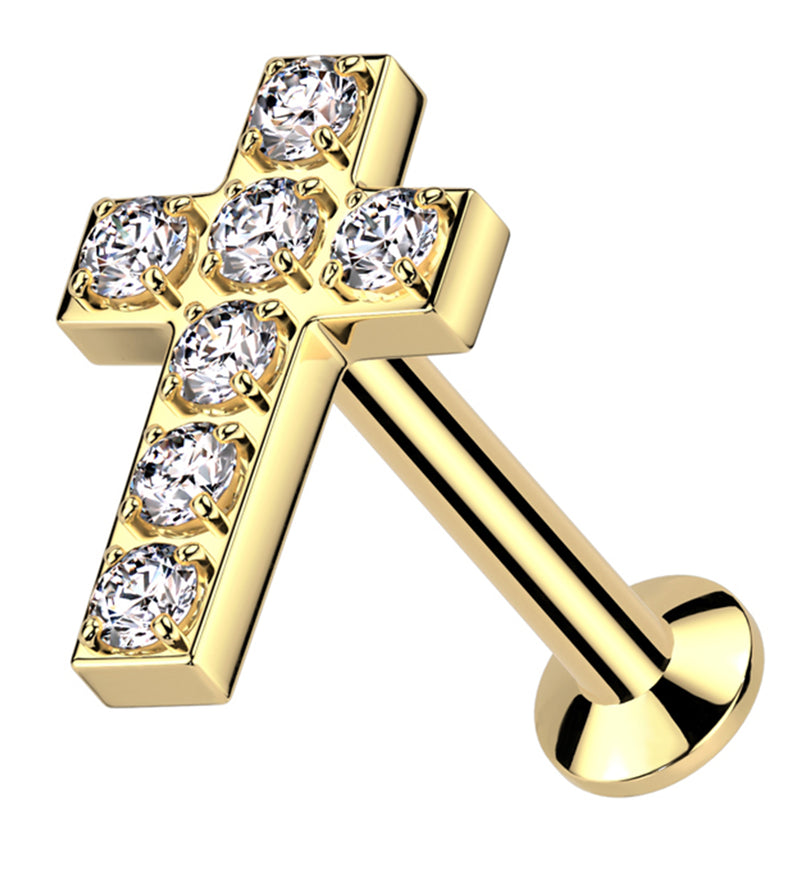 Gold PVD Cross Clear CZ Stainless Steel Convex Back Threadless Labret