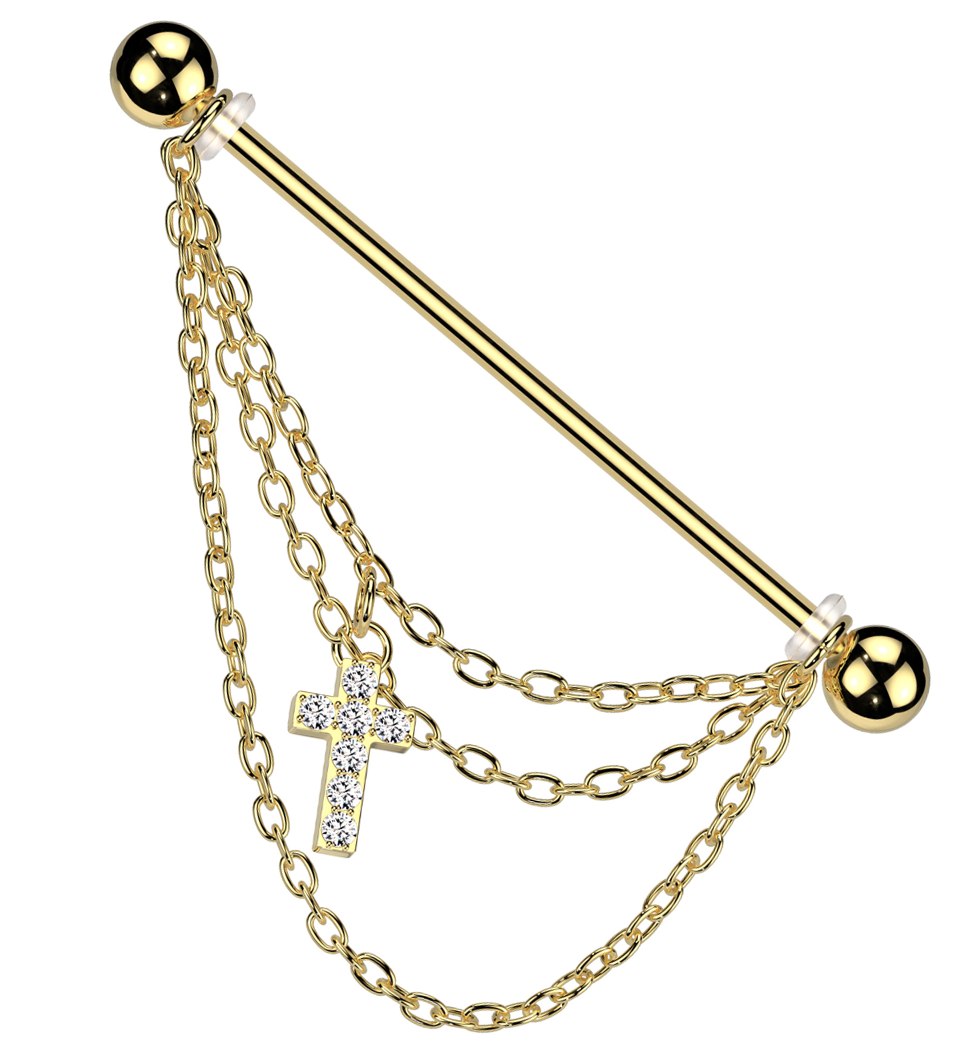 Gold PVD Cross Triple Chain Clear CZ Stainless Steel Industrial Barbel ...