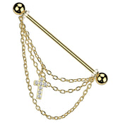 Gold PVD Cross Triple Chain Clear CZ Stainless Steel Industrial Barbell