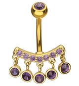 Gold PVD Curve Quinate Amethyst CZ Dangle Stainless Steel Belly Button Ring