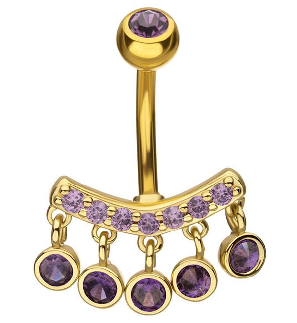 Gold PVD Curve Quinate Amethyst CZ Dangle Stainless Steel Belly Button Ring