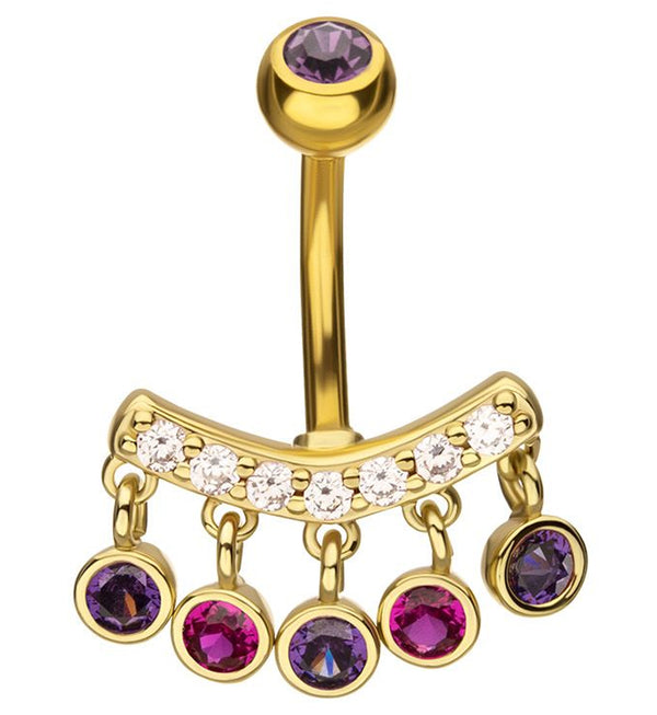 Gold PVD Curve Quinate Fuchsia And Amethyst CZ Dangle Stainless Steel Belly Button Ring