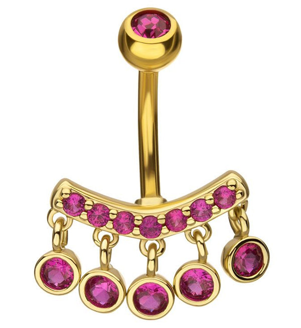 Gold PVD Curve Quinate Fuchsia CZ Dangle Stainless Steel Belly Button Ring