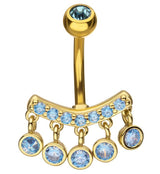 Gold PVD Curve Quinate Light Blue CZ Dangle Stainless Steel Belly Button Ring