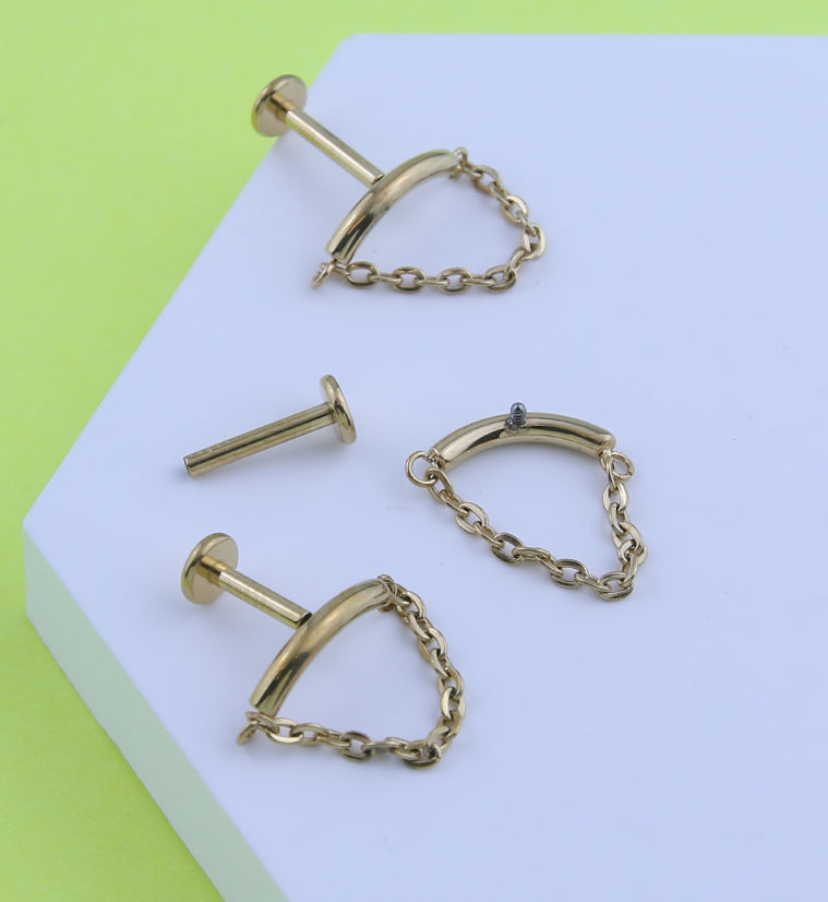 Gold PVD Curved Bar Dangle Chain Titanium Internally Threaded Labret