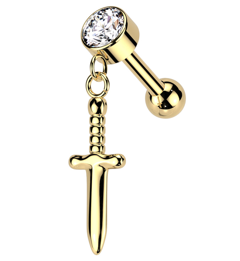 Gold PVD Dangling Dagger Clear CZ Threadless Titanium Cartilage Barbell