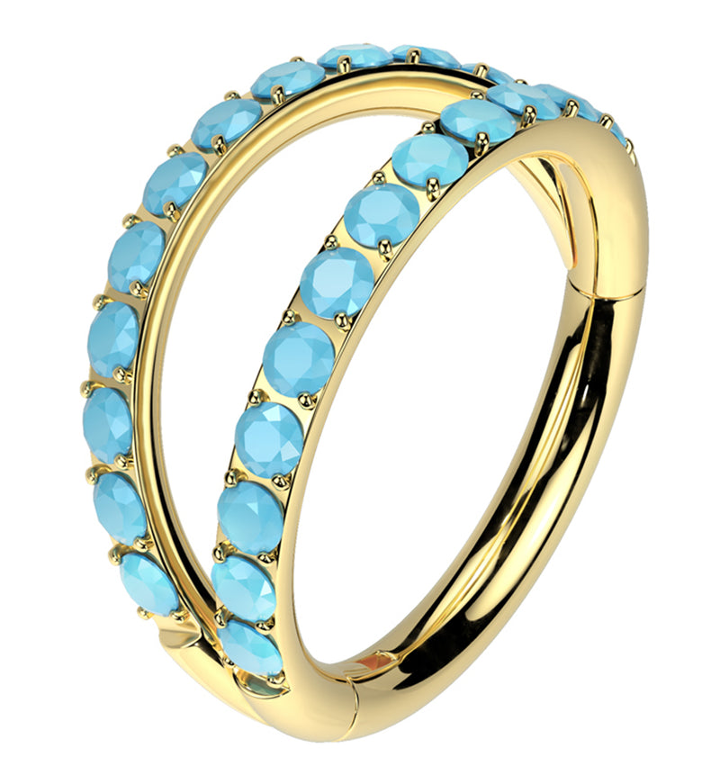 Gold PVD Double Side Facing Turquoise Row Titanium Hinged Segment Ring