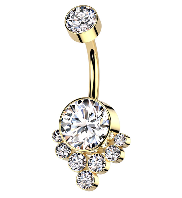 Gold PVD Drop Cluster Clear CZ Titanium Internally Threaded Belly Button Ring